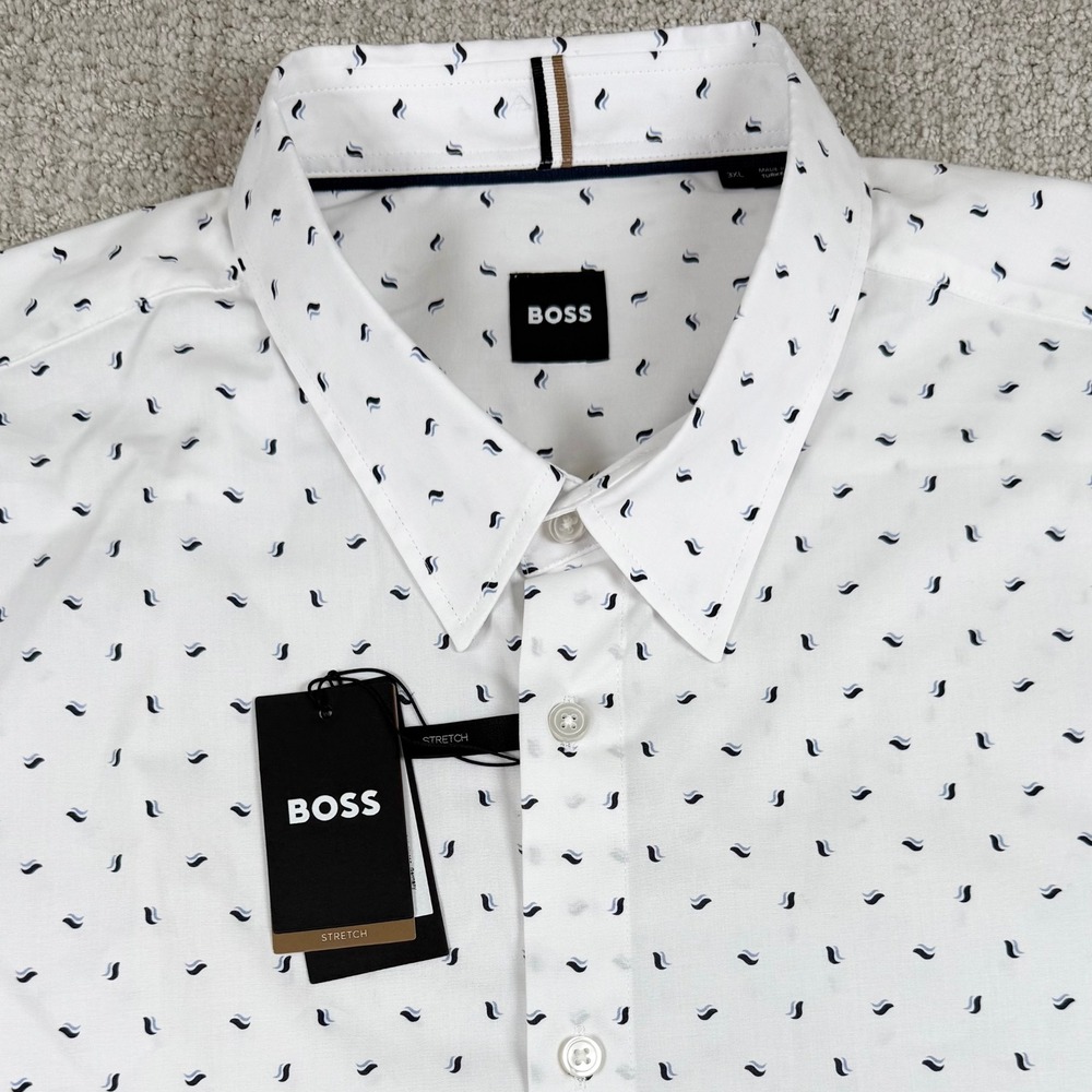 NEW Hugo Boss Mens 3XL White Geometric AOP Stretch Short Sleeve Button Up Shirt